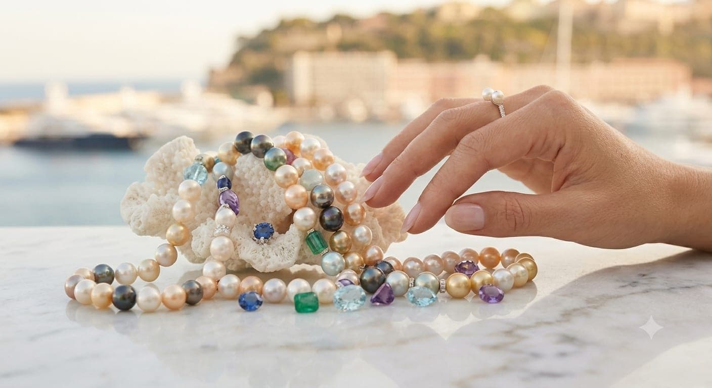 Akoya, Tahitian and South Sea pearl necklaces with precious stones, overlooking the port of Monaco