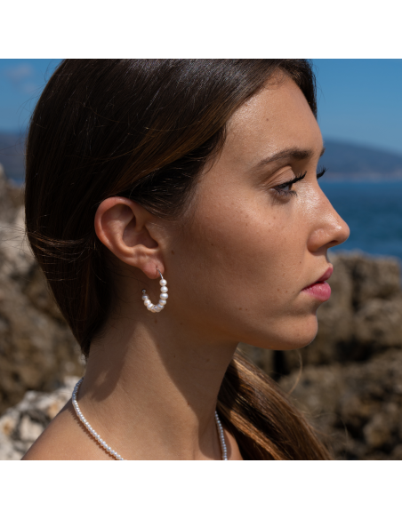 Pearl Hoop Earrings - Silver