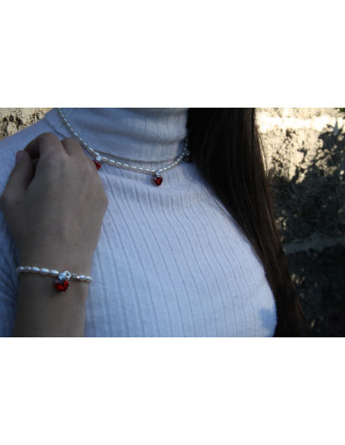 Bracelet Love - Perles de Culture et Coeur Rouge