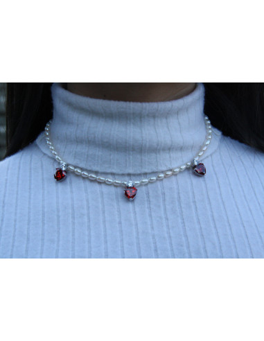 Collar de amor - cuentas de cultura y 3 corazones rojos